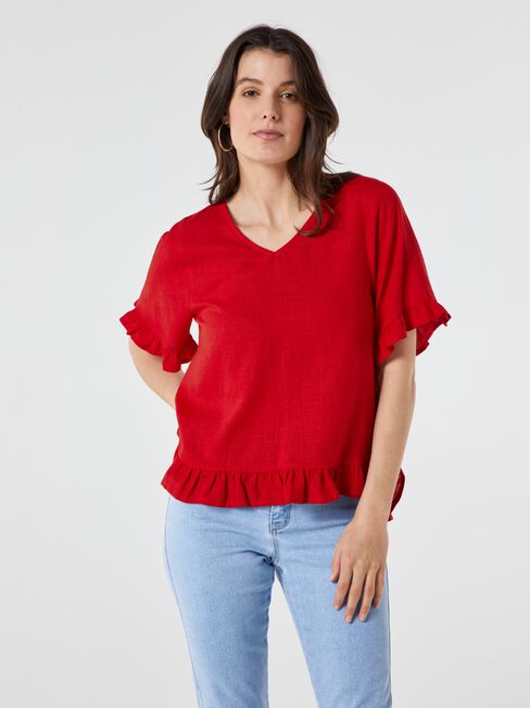 Ivy V-Neck Ruffle Top, Red, hi-res