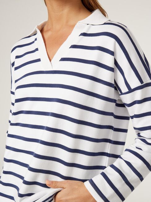 Valeria Polo Sweat, White & Navy Stripe, hi-res