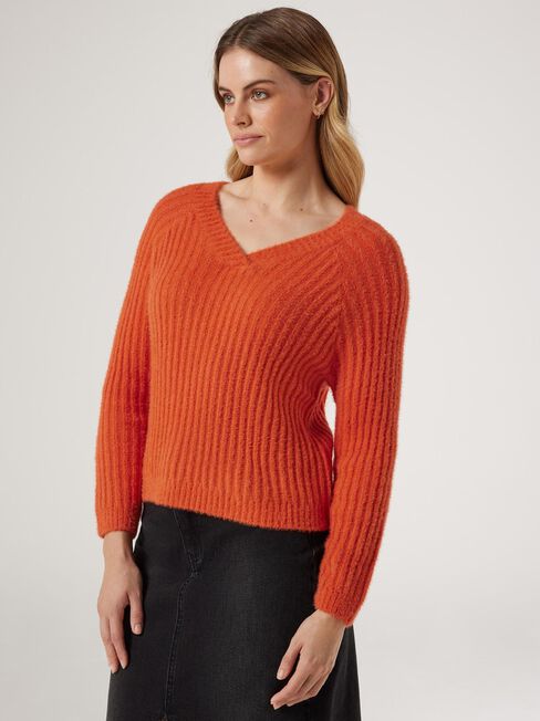 Faye Fluffy V-Neck Knit, Orange, hi-res