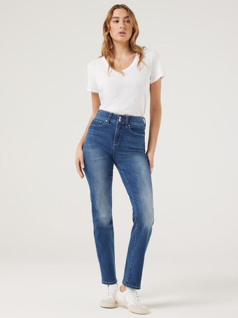 Tummy Trimmer Slim Straight Jeans, Mid Indigo, hi-res