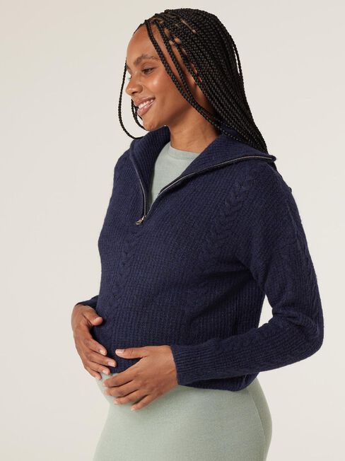 Sammy Zip Front Maternity Pullover, Blue, hi-res
