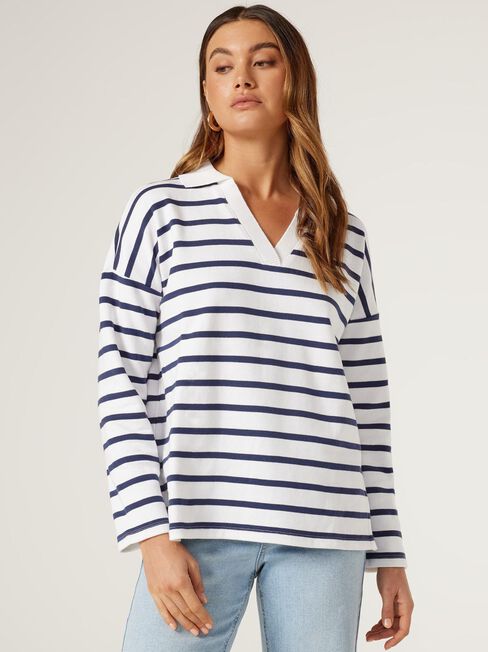 Valeria Polo Sweat, White & Navy Stripe, hi-res