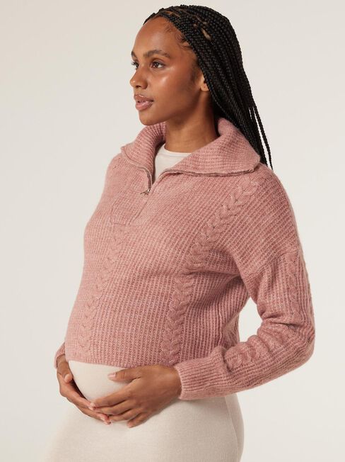 Sammy Zip Front Maternity Pullover, Pink, hi-res