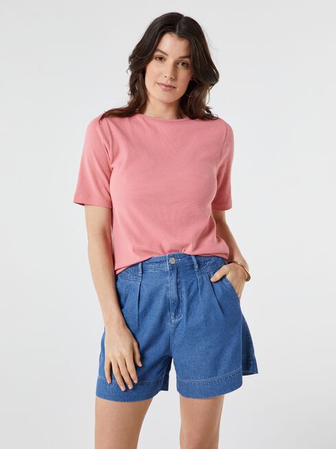 Rib Elbow Sleeve Boatneck Tee, Pink, hi-res