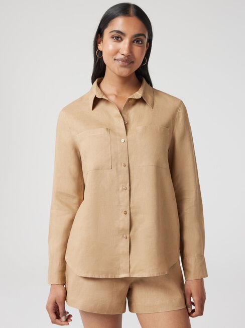 J-Luxe Classic Linen Shirt, Brown, hi-res