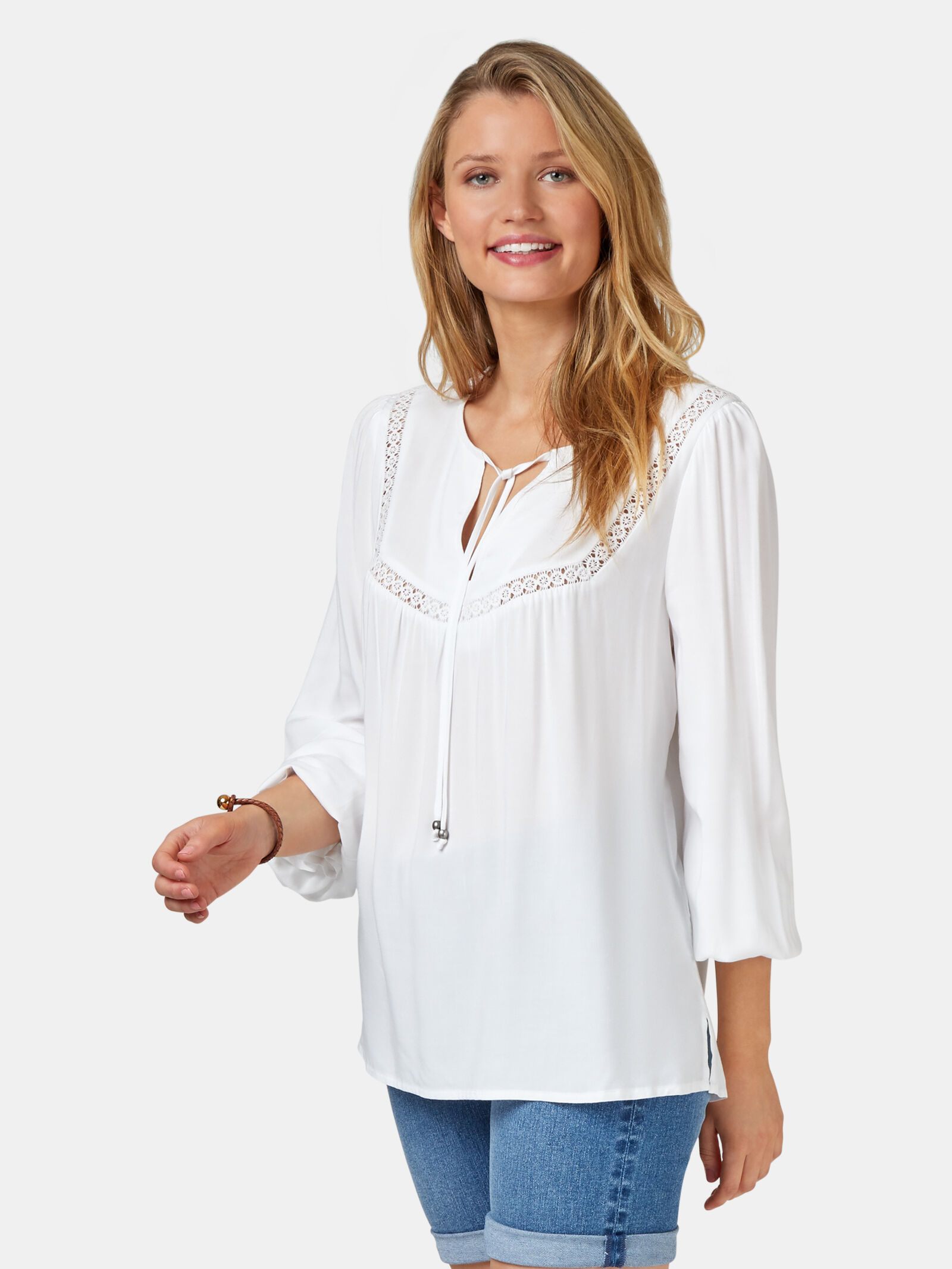 BROOKE SHIELDS Timeless Denim Peasant Top With White Embroidery - QVC.com