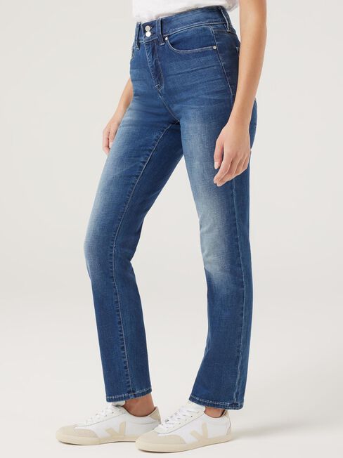 Tummy Trimmer Slim Straight Jeans, Mid Indigo, hi-res