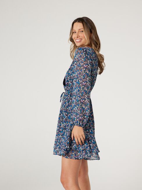 Carrie Cross Front Frill Dress, Blue, hi-res