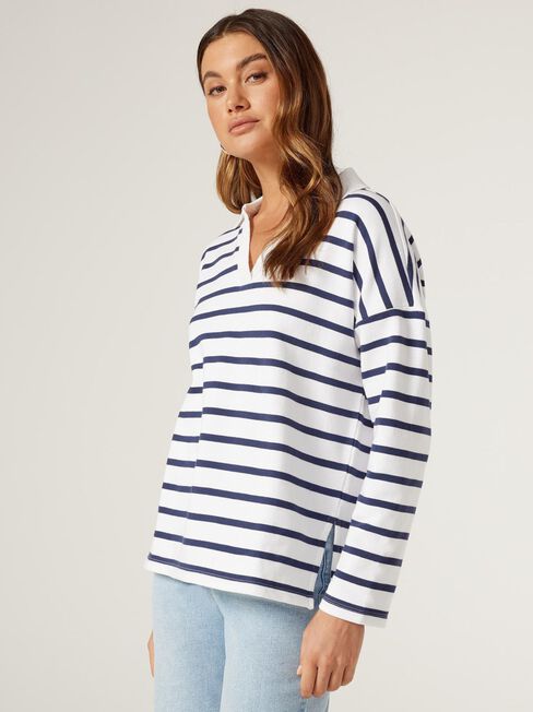 Valeria Polo Sweat, White & Navy Stripe, hi-res