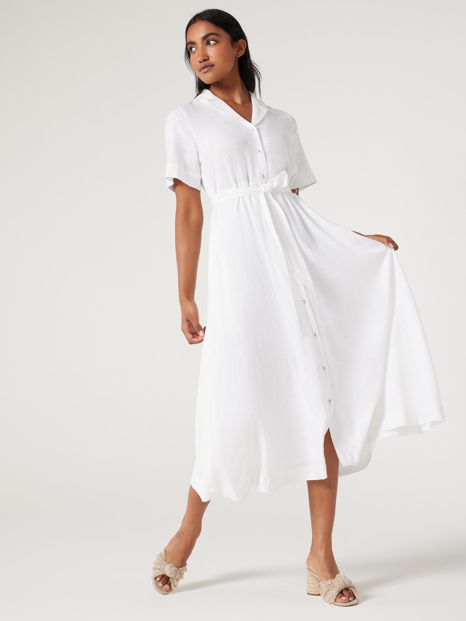 Gathered poplin shirt dress - White - Ladies | H&M IN