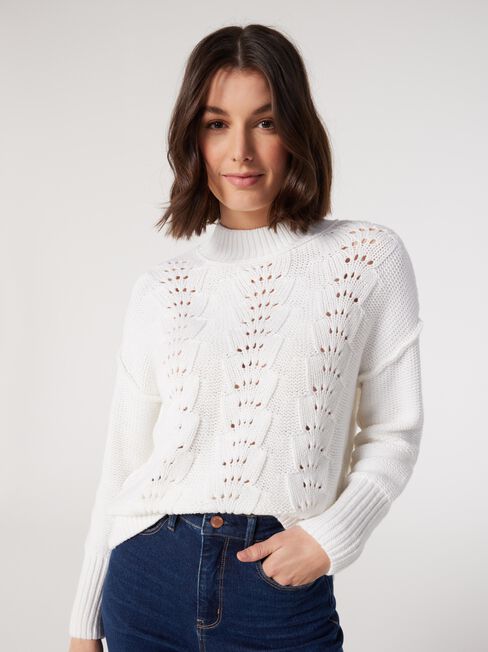 Cozy Pointelle-Knit Crew-Neck Sweater for Women
