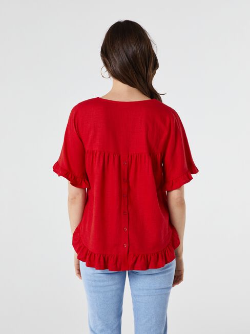 Ivy V-Neck Ruffle Top, Red, hi-res