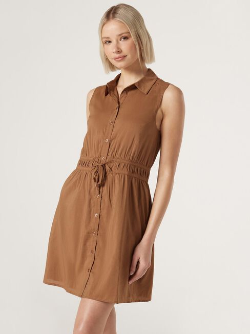 Rae Button Front Dress, Brown, hi-res